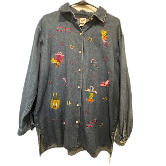 Vtg Warner Bros. Denim Embroidered Tweety Bird Button Down Shirt Women Sz Large - Picture 1 of 4